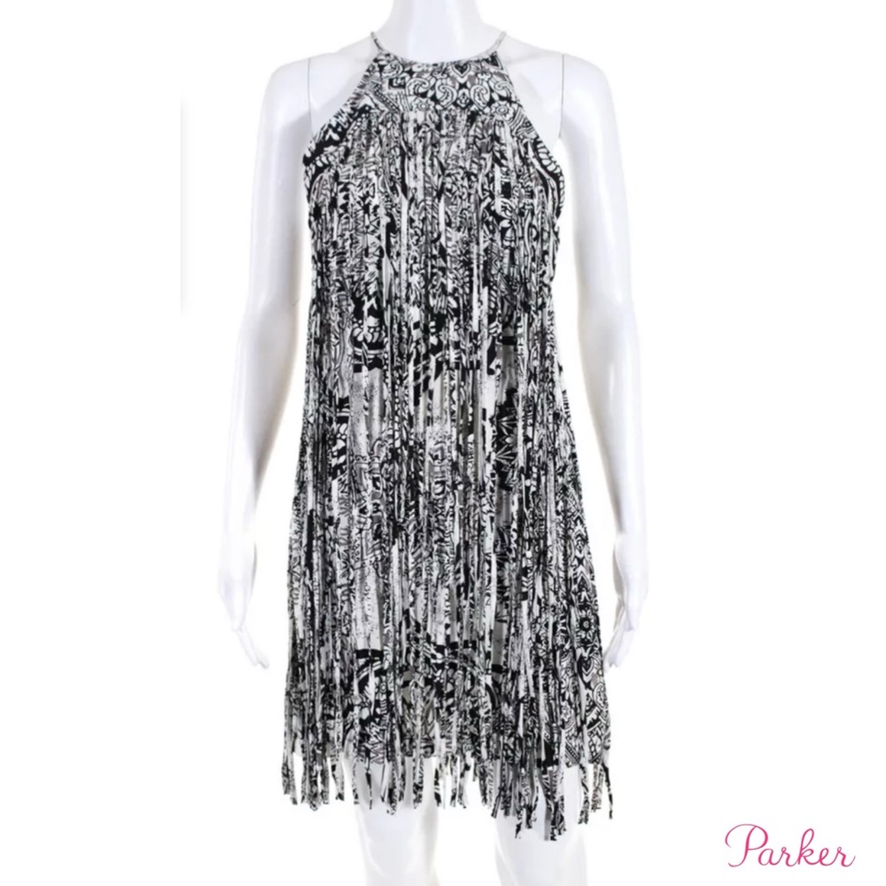 PARKER Black/White Abstract Print Silk Long Fringe Dress